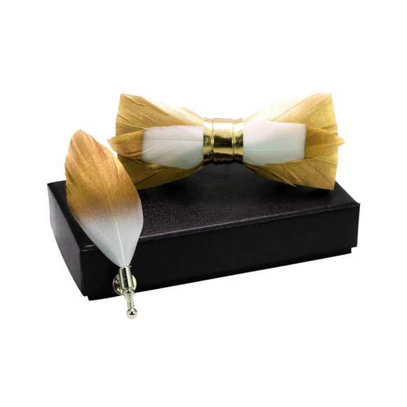 Men’s Handmade Metallic Gold Feather Pre Tied Bow Tie and Matching Lapel Pin Set - Picture 2 of 3